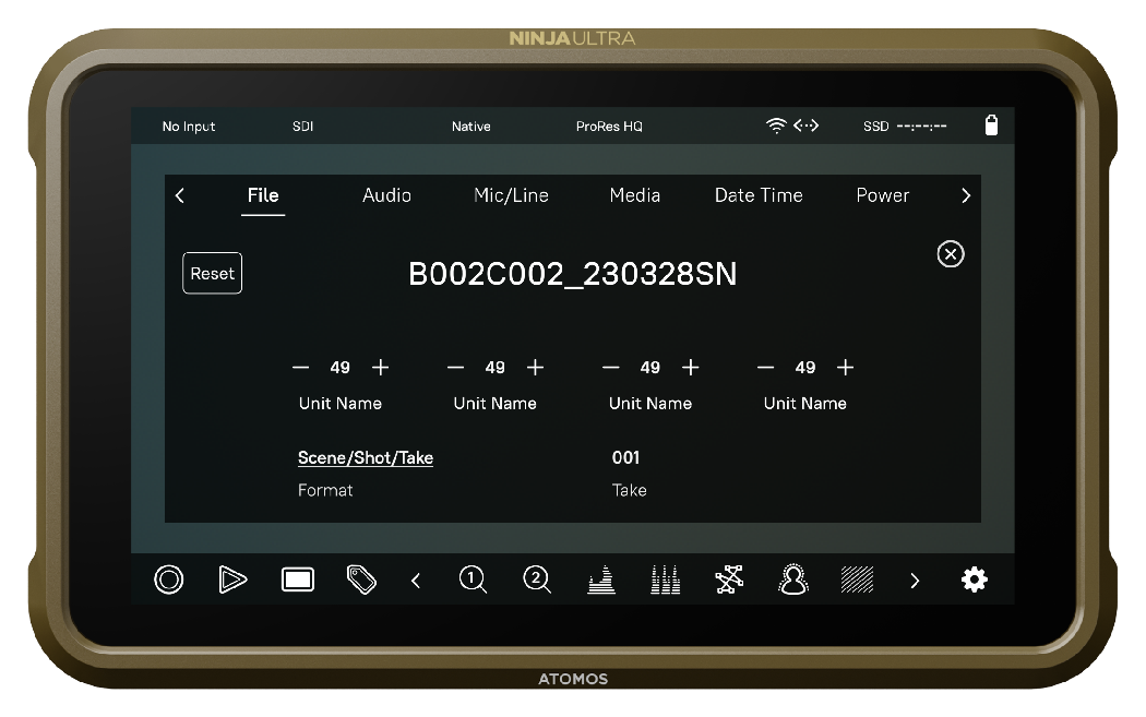 Atomos Ninja Ultra showing AtomOS interface, Atomos Ninja Ultra